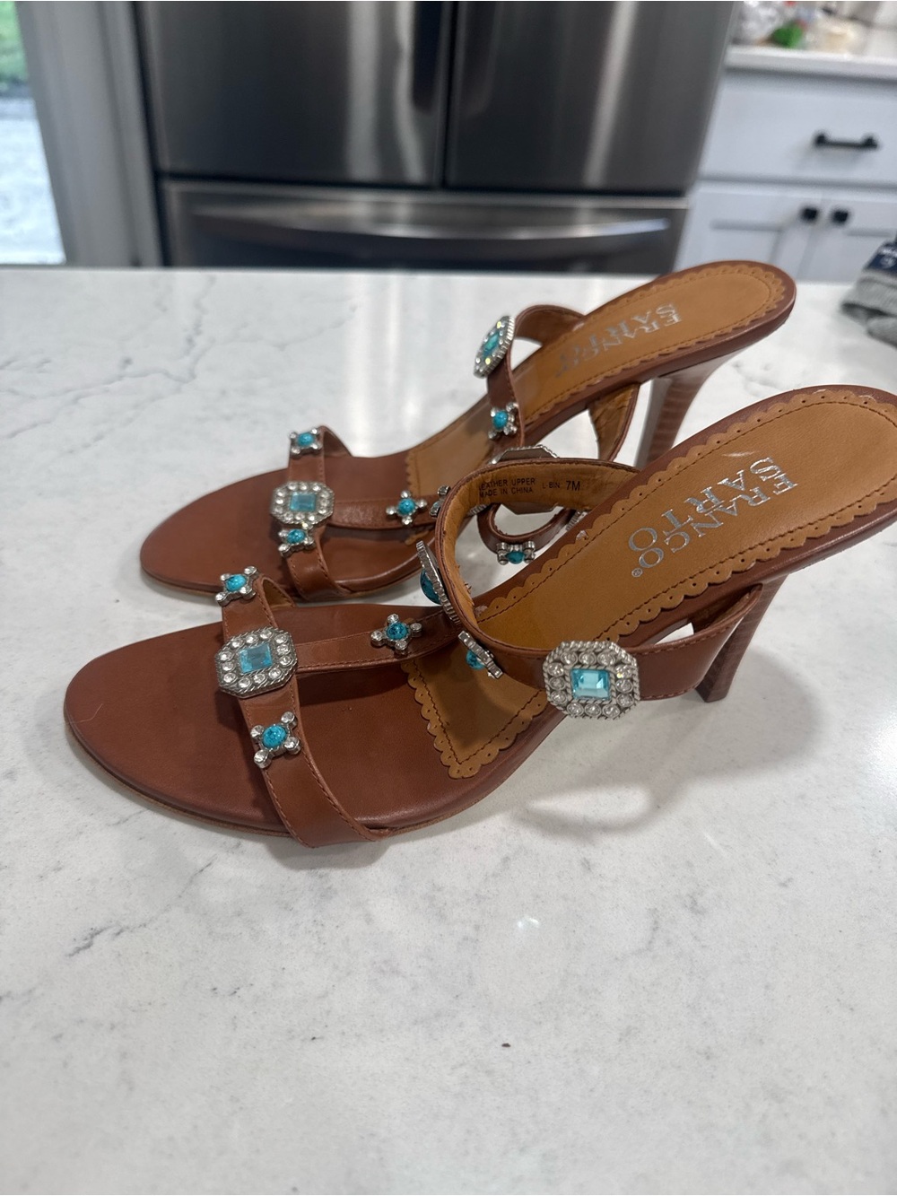 Franco Sarto Brown Leather Open Toe Rhinestone Turquoise Heels 7